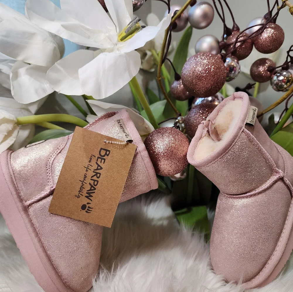 BEARPAW Elle Exotic Youth Classic Suede Pink Glitter boots new